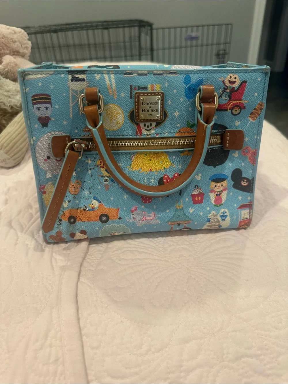 Dooney & Bourke Light Blue Disney Character Print Satchel with Tan Trim
